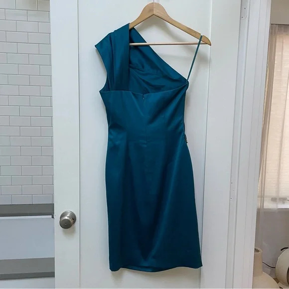 Eliza J Turquoise Blue Satin Cocktail, dance, prom dress with side embellishment - Picture 4 of 4